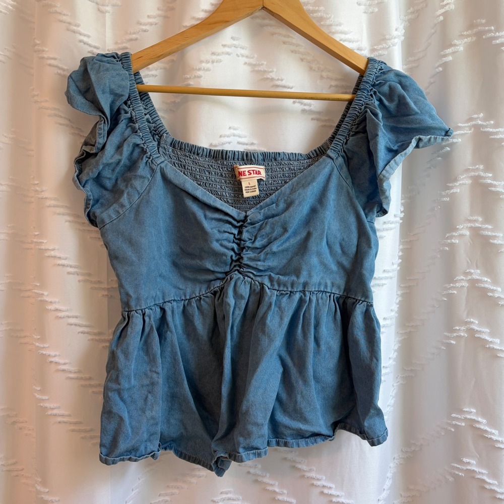 Lone Star Womens Blue Lyocell Chambray Smocked Peplum Top Flutter Sleeve Large